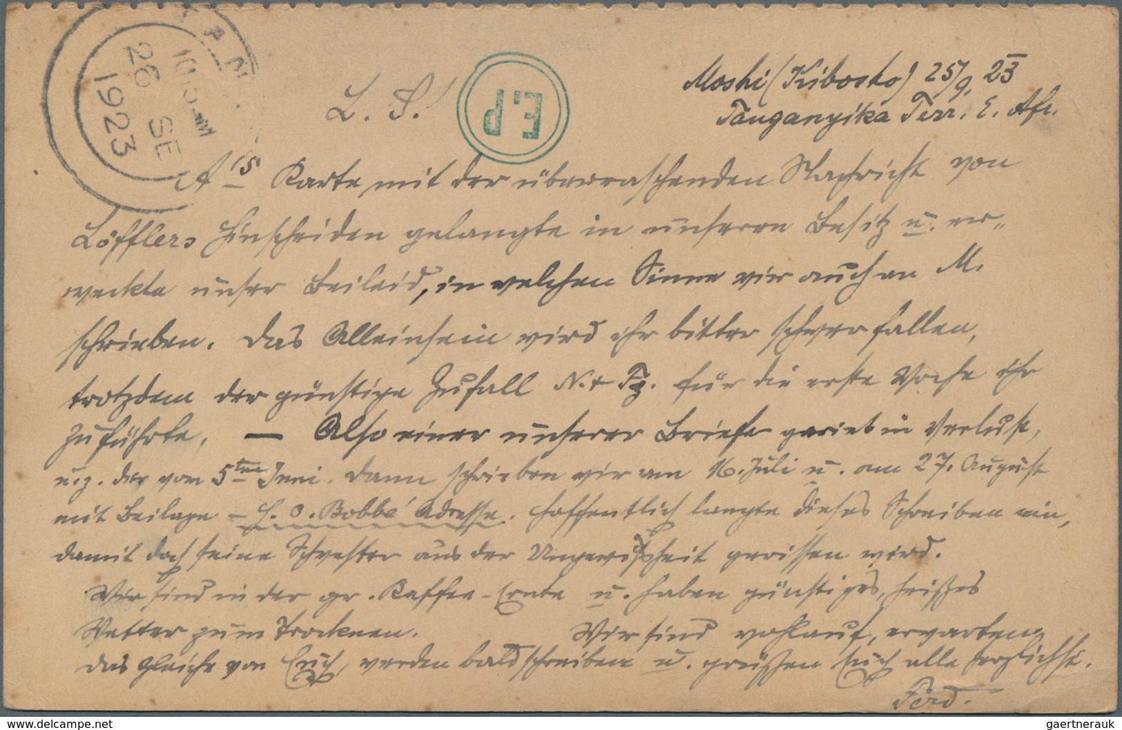 Tanganjika: 1923 (25.9.), Forwarding Half Of Reply Postcard 15c. Giraffe Commercially Used From MOSH - Tanganyika (...-1932)
