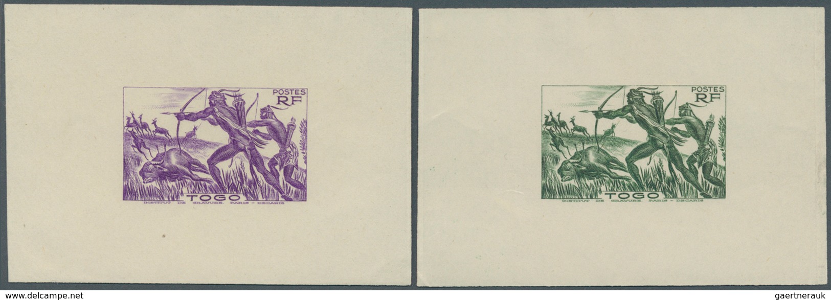 Togo: 1942/1944, Definitives "Views Of Togo", Design "Hunting", Group Of Six Single Die Proofs Witho - Autres & Non Classés