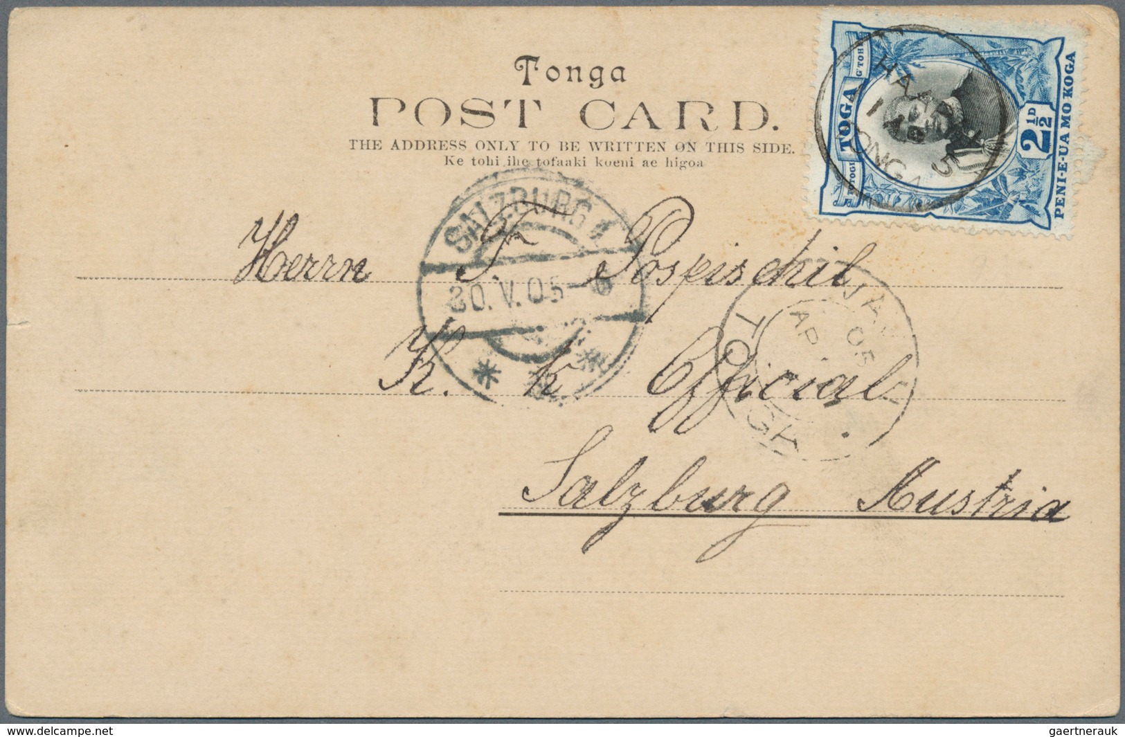 Tonga: 1905, 2 1/2 D Tied "HAAPAI TONGA 11 AP5" To Ppc Via "VAINI 05 AP 11" To Austria W. Arrival "S - Tonga (...-1970)