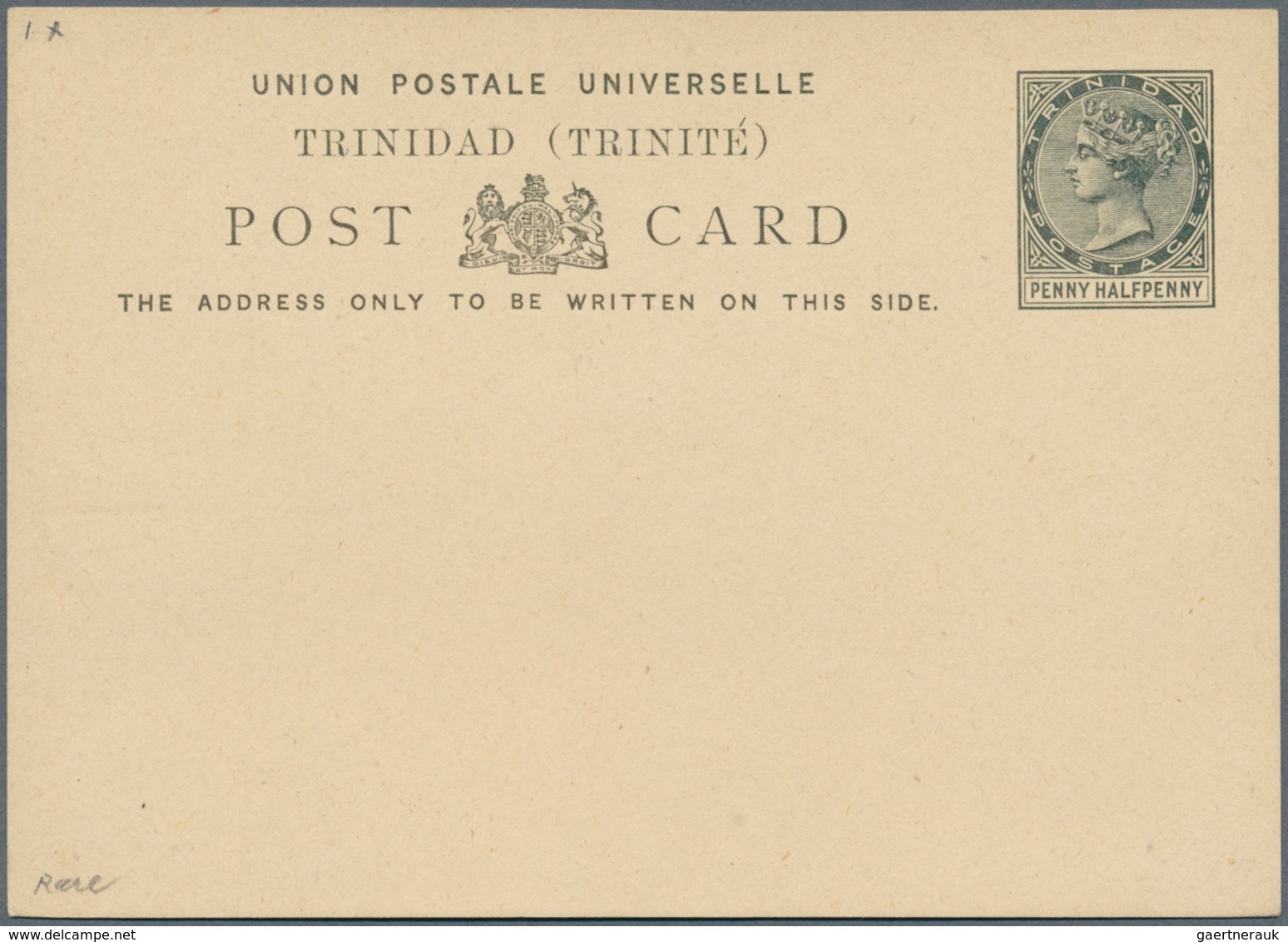 Trinidad Und Tobago: 1879, Stationery Card Very Rare PROOF Victoria 1 1/2 D In Black Instead Of Red- - Trinité & Tobago (1962-...)