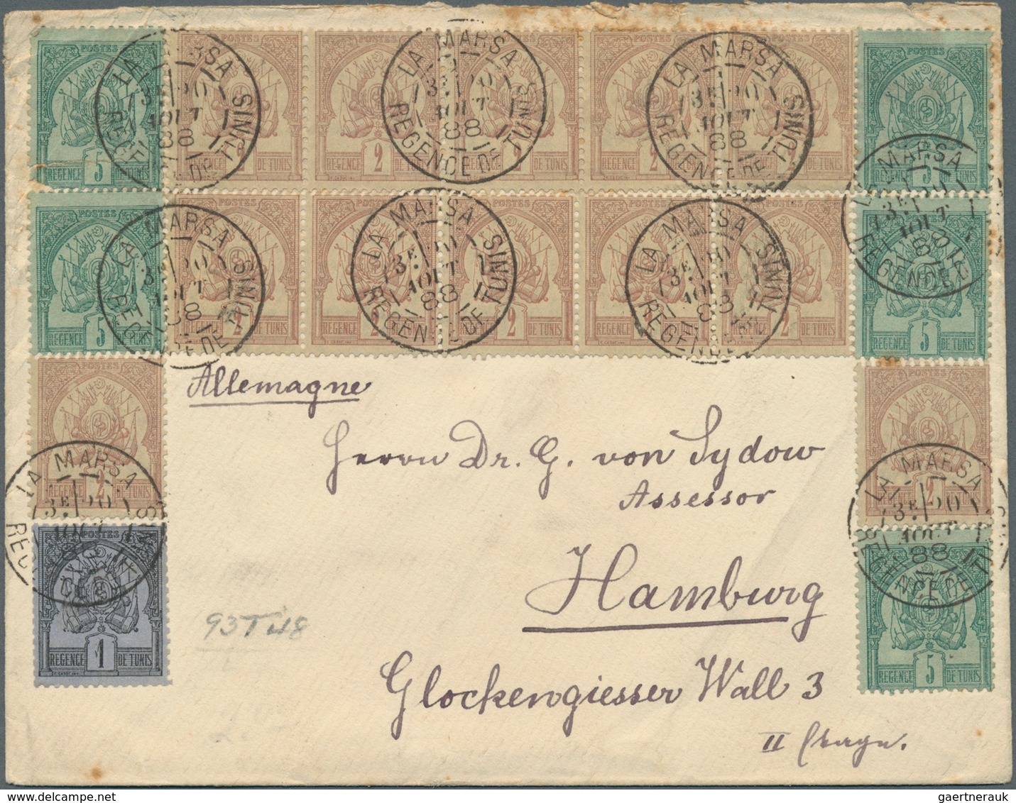 Tunesien: 1888, 1c. Black On Blue, 2c. Brown On Cream (12) And 5c. Green On Green, Attractive 1st Is - Lettres & Documents