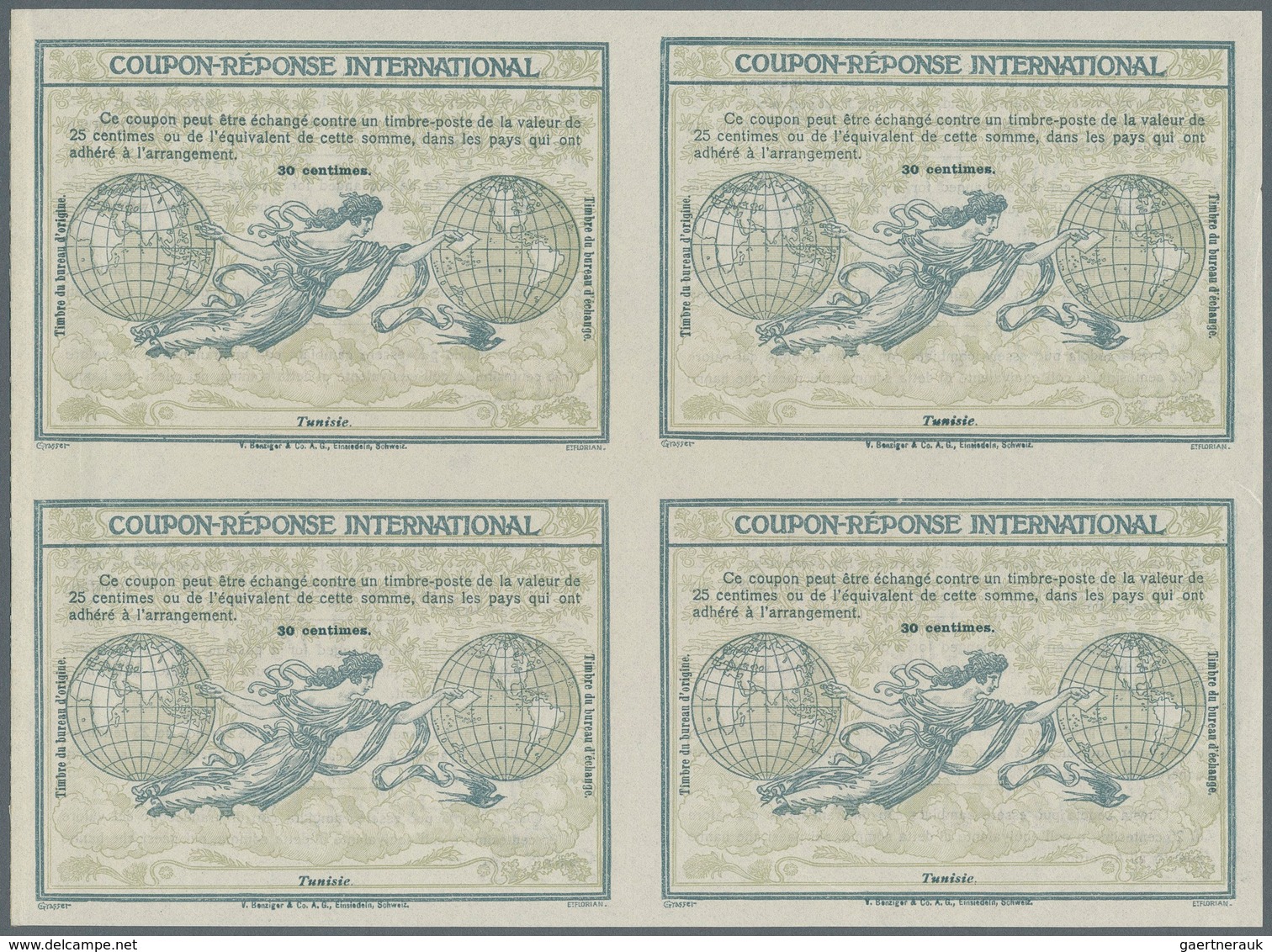 Tunesien: Design "Rome" 1906 International Reply Coupon As Block Of Four 30 C. Tunesie. This Block O - Lettres & Documents