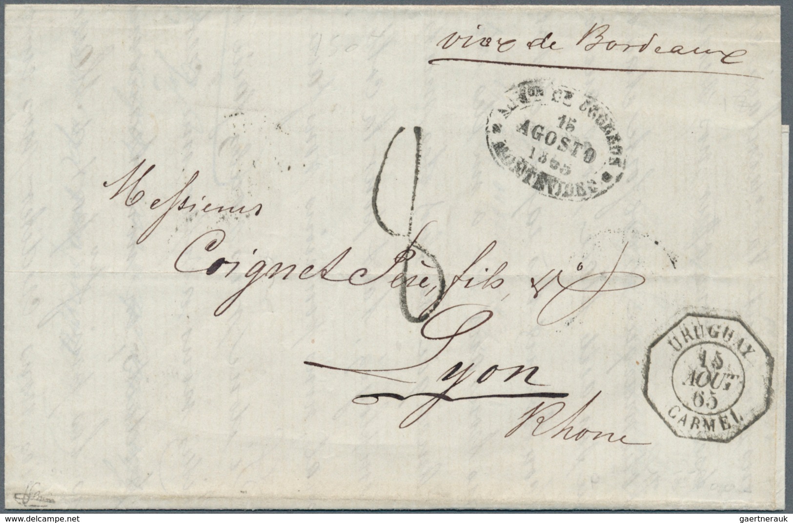 Uruguay: 1865 (French Maritime Mail). Stamp-less Envelope Written From Montevideo Dated "13th Aout 6 - Uruguay