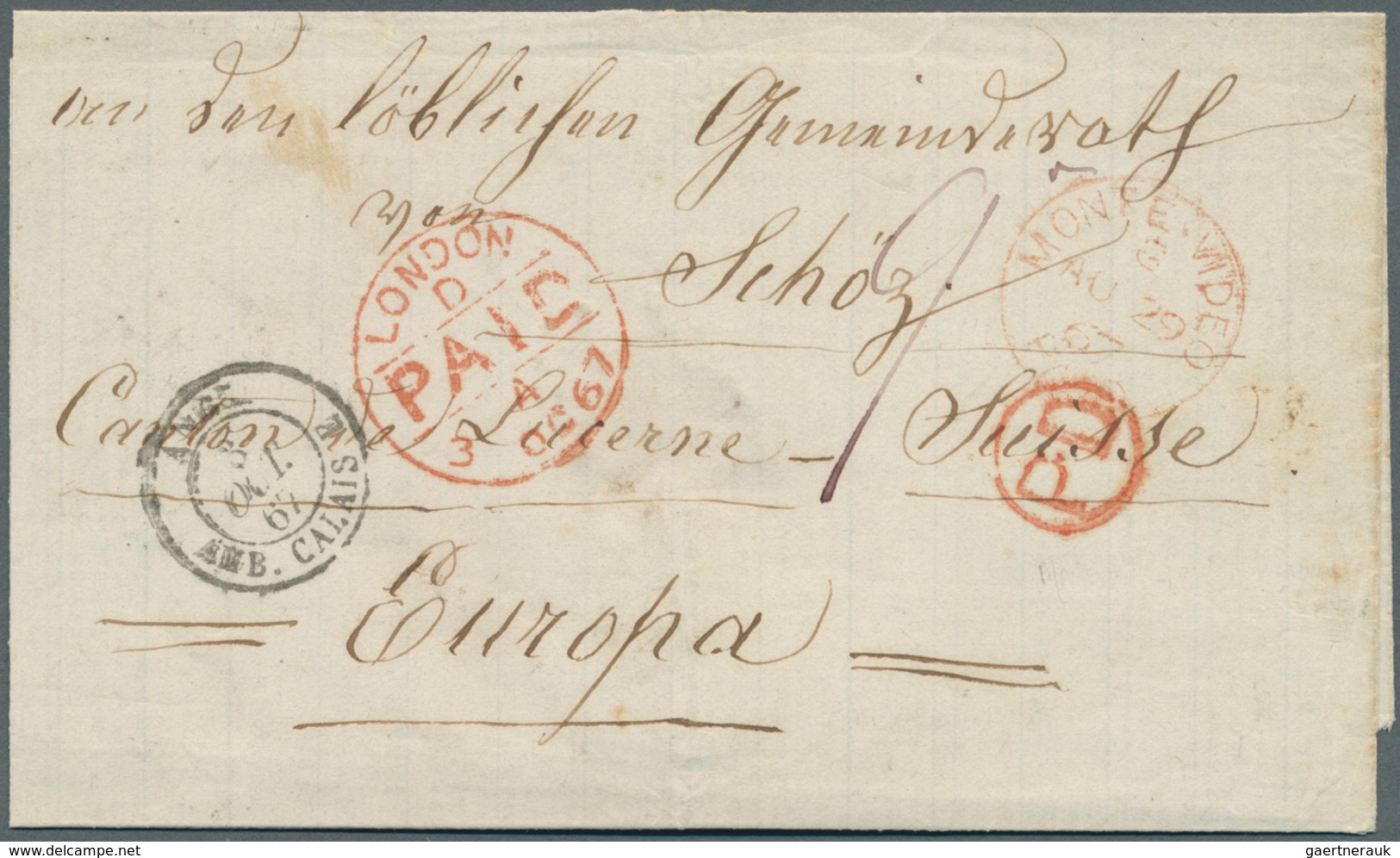 Uruguay: 1867, MONTEVIDEO A Schoz (Suiza). Fechador "Montevideo Paid" En Rojo, Aplicade Debido A La - Uruguay