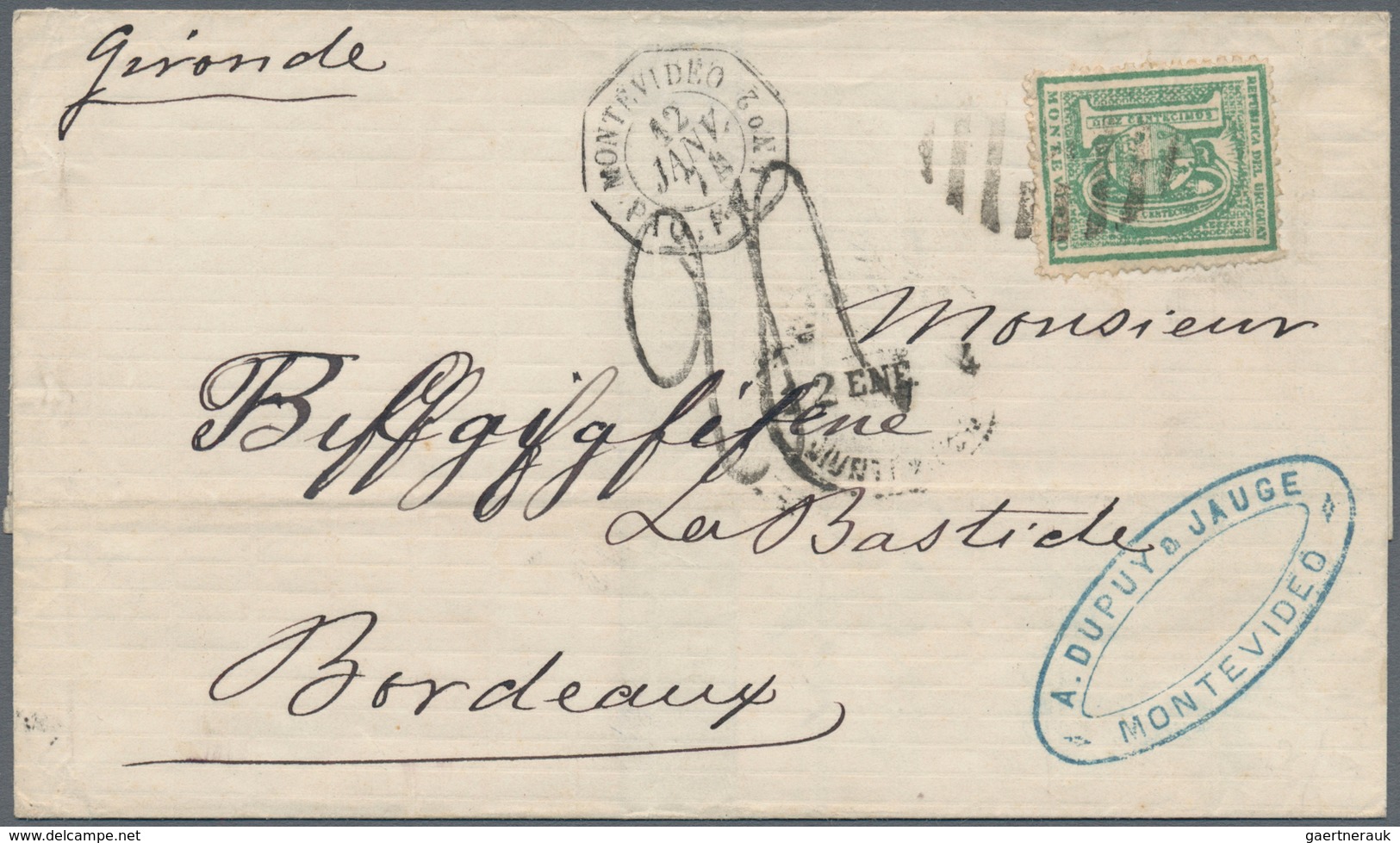 Uruguay: 1874, 10 C. Green Tied Mute Cancel To Folded Envelope Endorsed "Gironde" W. "MO(NTEVIDEO) 1 - Uruguay