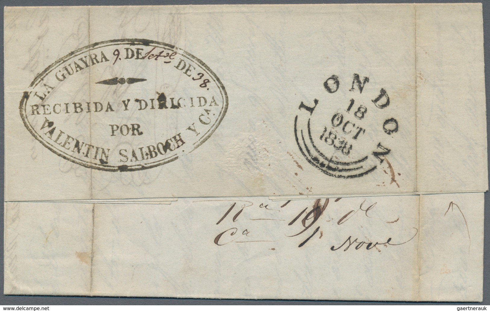 Venezuela: 1838, Entire Folded Letter Dated "Caracas Agosto 10 1838" W. Red "Guayra. / Franca / REPU - Venezuela