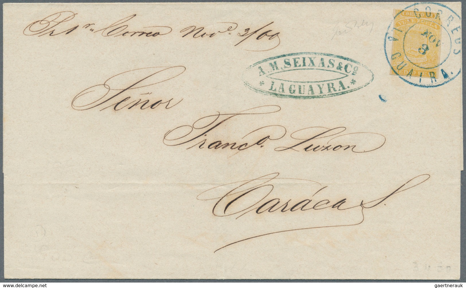 Venezuela: 1859, 1/2 R. Yellow, Corner Fault On Top Right, Otherwise Mostly Good Margins, Tied By Cl - Venezuela
