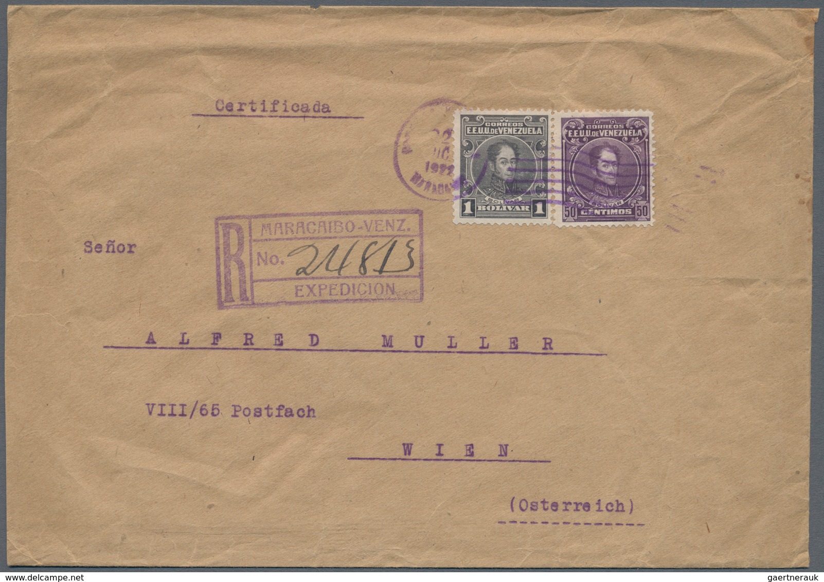 Venezuela: 1923, 50 C., 1 C. Tied "MARACAIBO 22 DIC 1922" To Registered Cover To Vienna. On Reverse - Venezuela