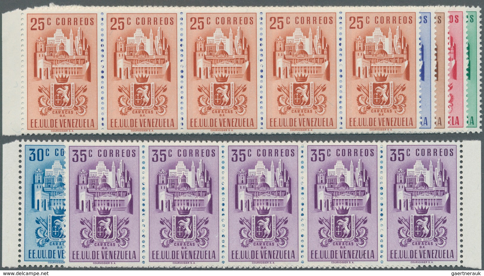 Venezuela: 1951, Coat Of Arms 'CARACAS‘ Normal Stamps Complete Set Of Seven In Horizontal Strips Of - Venezuela