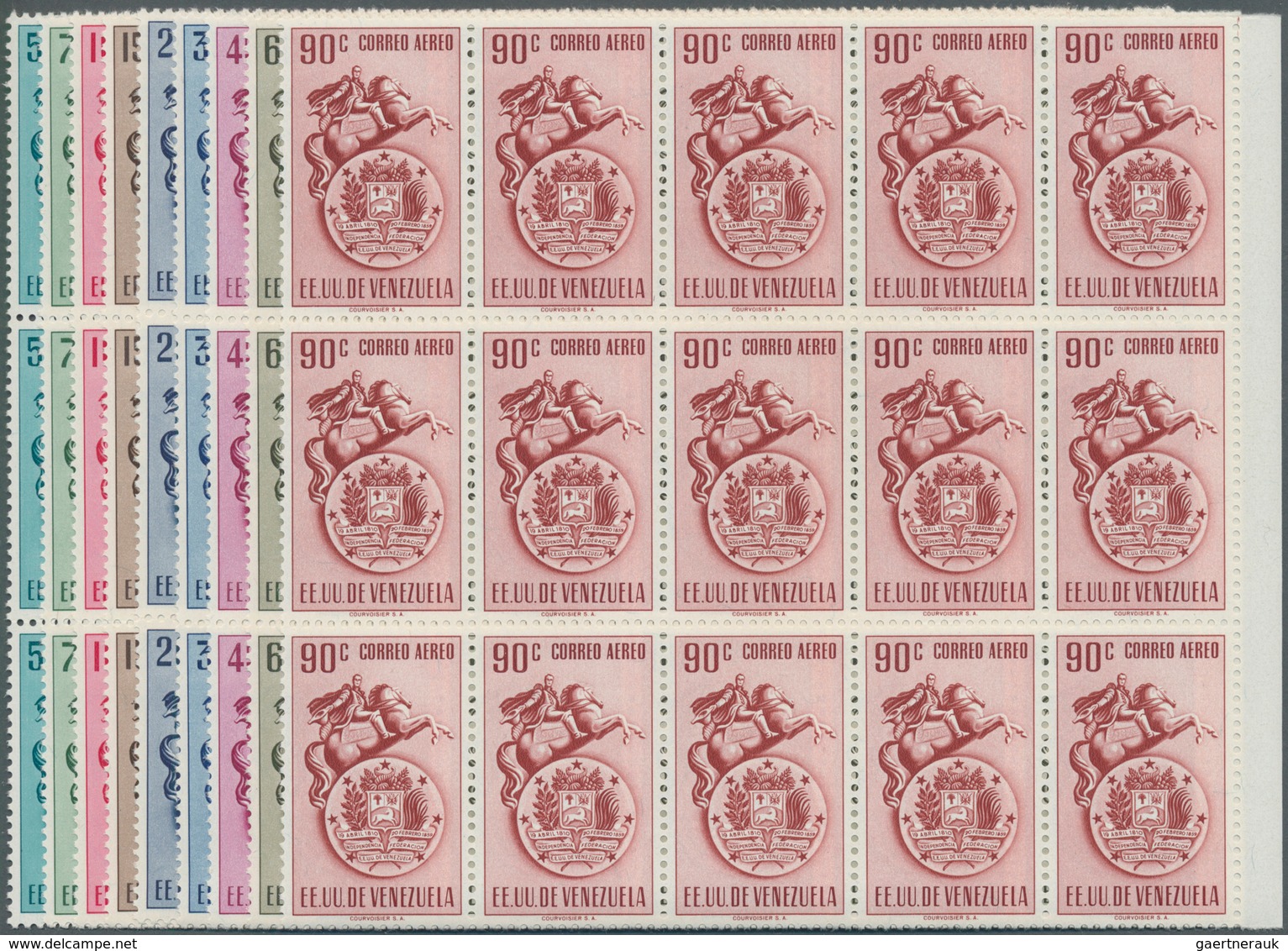 Venezuela: 1951, Coat Of Arms 'VENEZUELA ‘ Airmail Stamps Complete Set Of Nine In Blocks Of 15, Mint - Venezuela