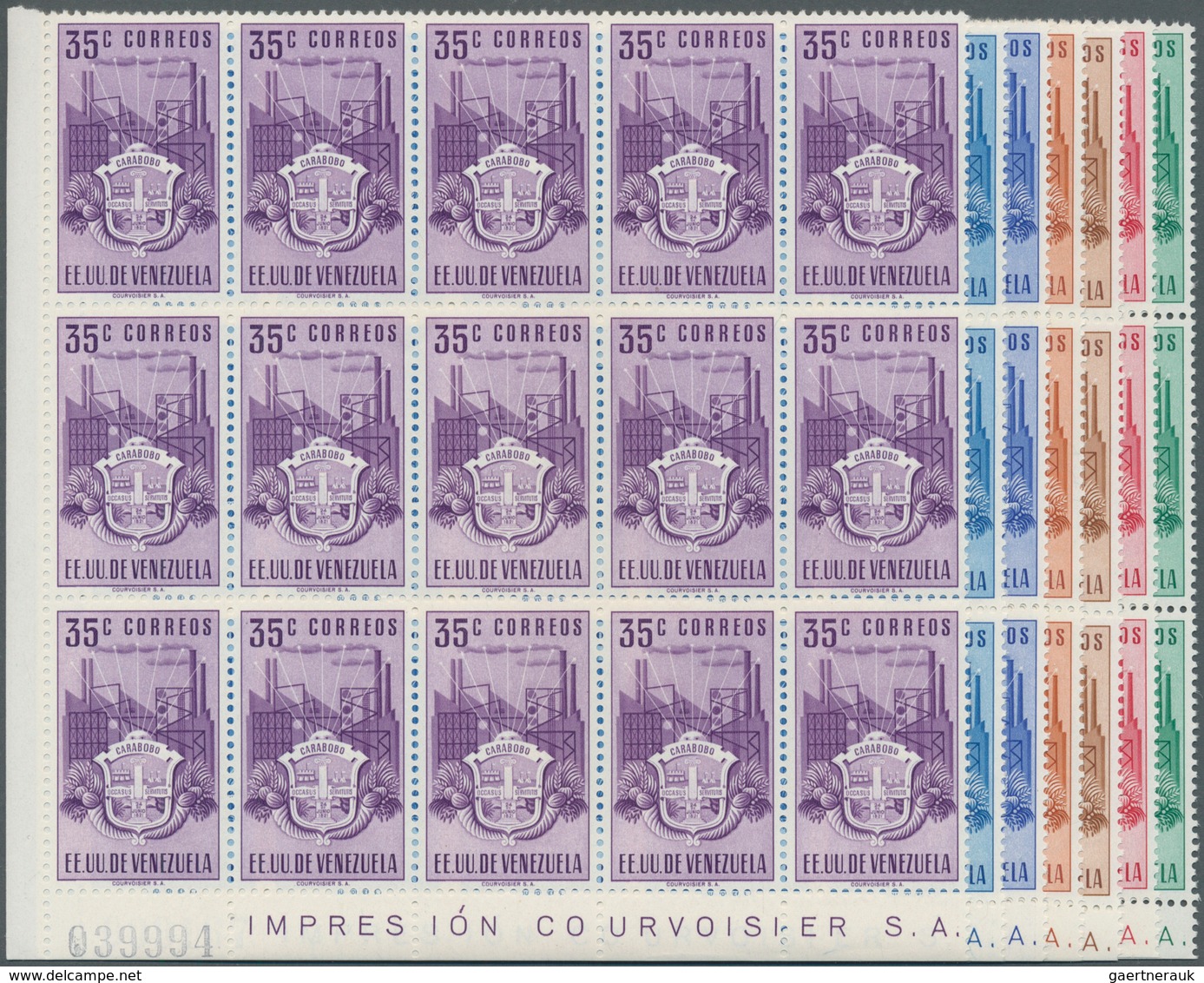 Venezuela: 1951, Coat Of Arms 'CARABOBO‘ Normal Stamps Complete Set Of Seven In Blocks Of 15, Mint N - Venezuela