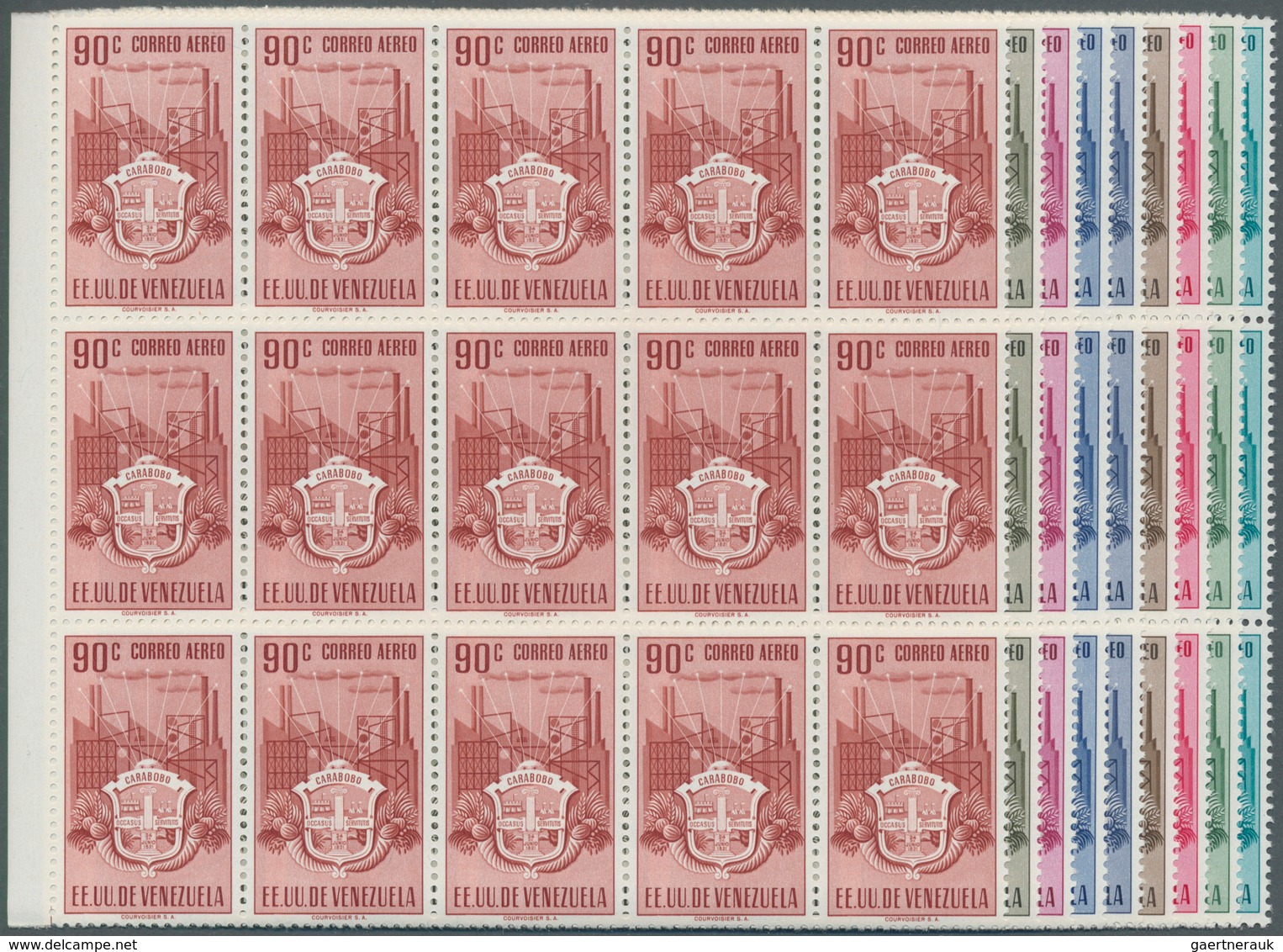 Venezuela: 1951, Coat Of Arms 'CARABOBO‘ Airmail Stamps Complete Set Of Nine In Blocks Of 15, Mint N - Venezuela