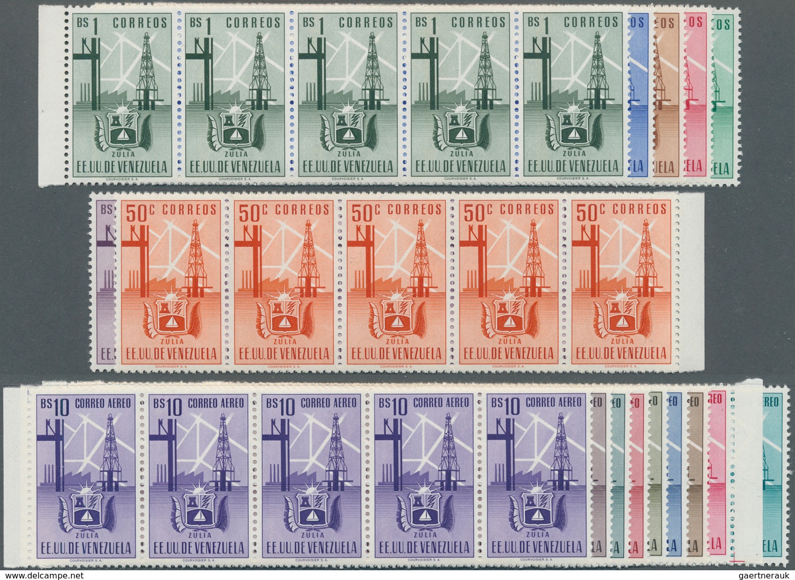 Venezuela: 1951, Coat Of Arms 'ZULIA‘ Normal And Airmail Stamps Complete Set Of 16 In Horizontal Str - Venezuela