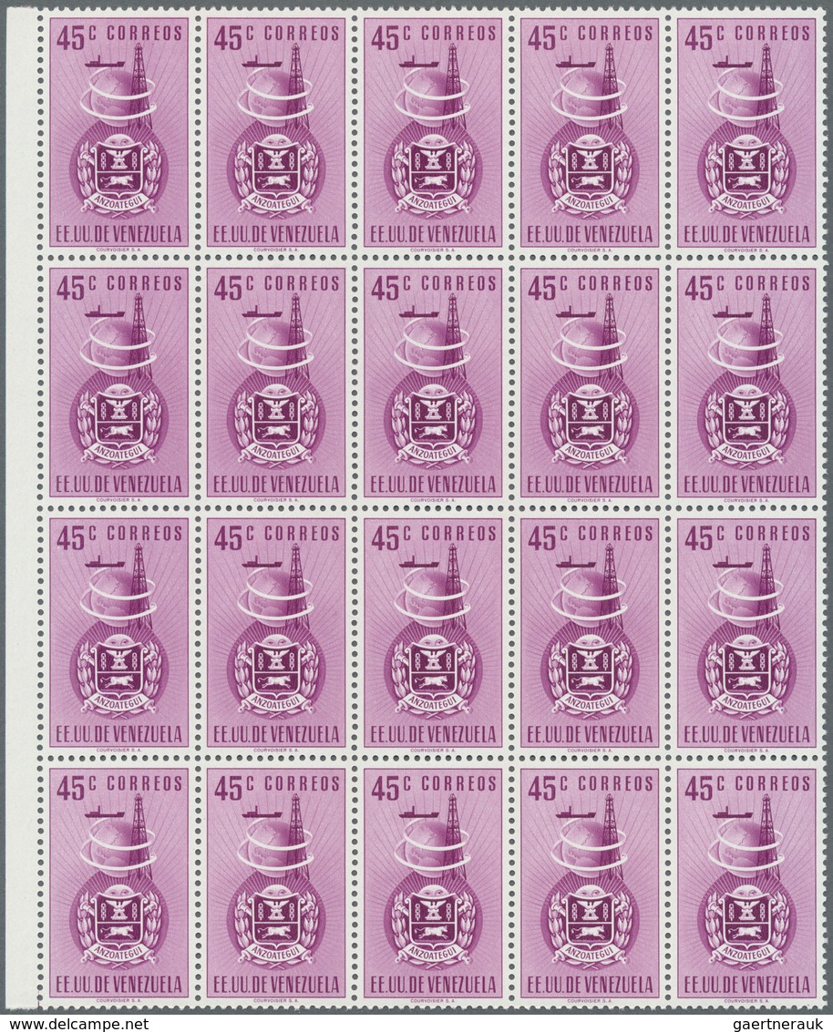 Venezuela: 1951, Coat Of Arms 'ANZOATEGUI‘ Normal Stamps Complete Set Of Seven In Blocks Of 20, Mint - Venezuela