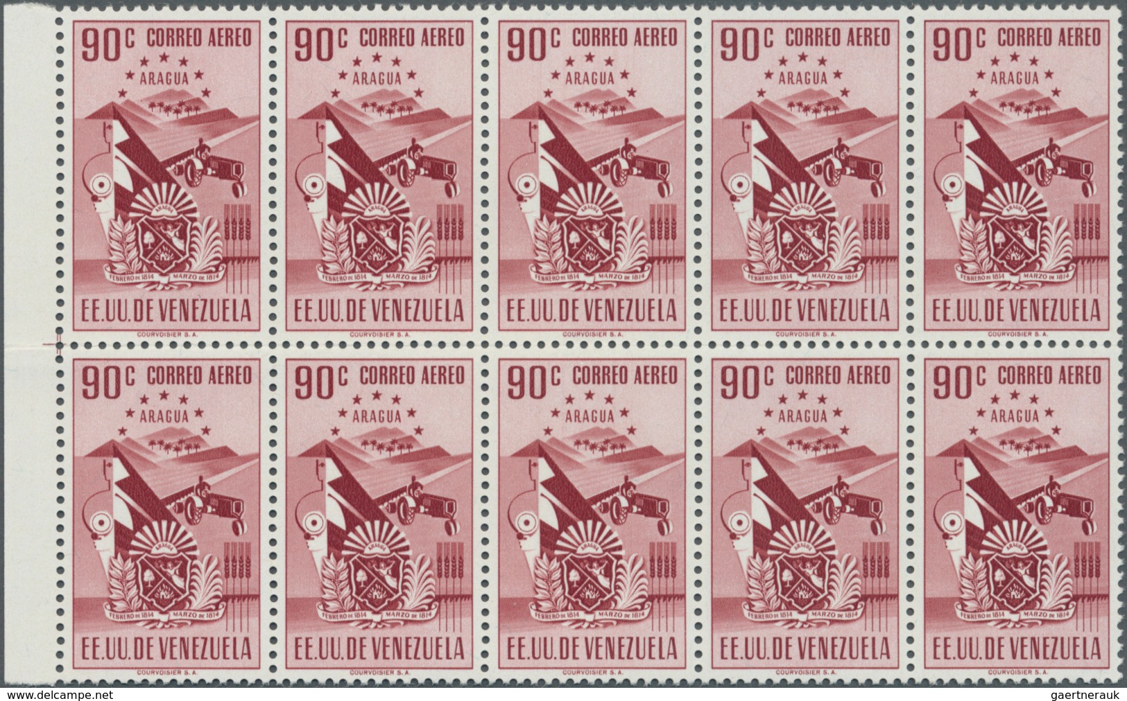 Venezuela: 1952, Coat Of Arms 'ARAGUA‘ Airmail Stamps Complete Set Of Nine In Blocks Of Ten, Mint Ne - Venezuela