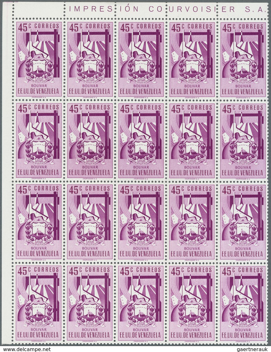 Venezuela: 1952, Coat Of Arms 'BOLIVAR‘ Normal Stamps Complete Set Of Seven In Blocks Of 20, Mint Ne - Venezuela