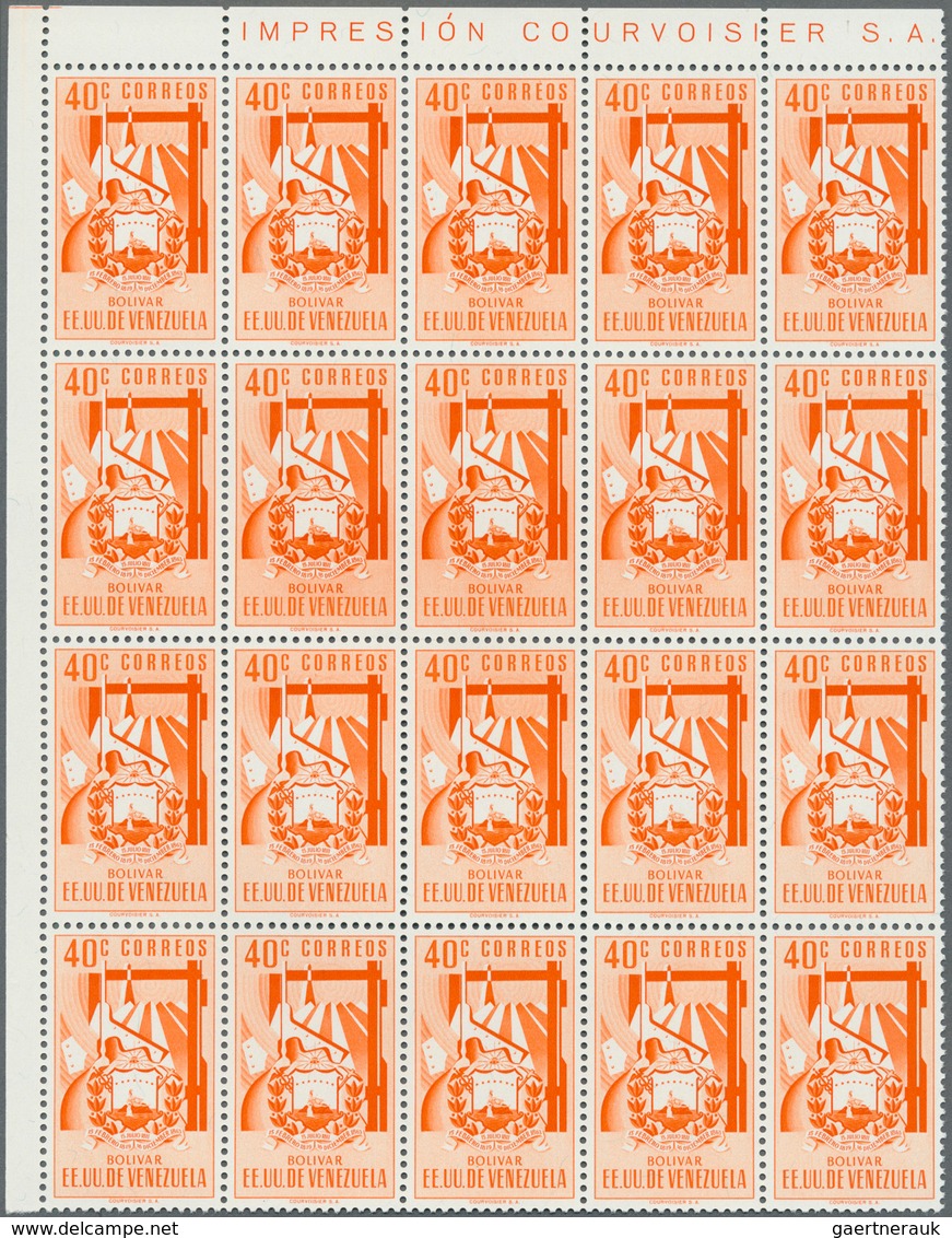 Venezuela: 1952, Coat Of Arms 'BOLIVAR‘ Normal Stamps Complete Set Of Seven In Blocks Of 20, Mint Ne - Venezuela