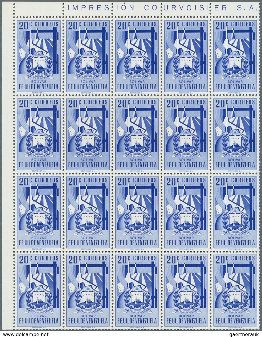 Venezuela: 1952, Coat Of Arms 'BOLIVAR‘ Normal Stamps Complete Set Of Seven In Blocks Of 20, Mint Ne - Venezuela