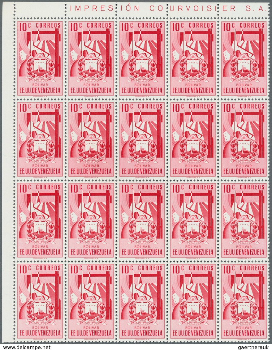 Venezuela: 1952, Coat Of Arms 'BOLIVAR‘ Normal Stamps Complete Set Of Seven In Blocks Of 20, Mint Ne - Venezuela