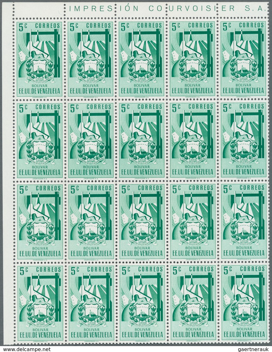 Venezuela: 1952, Coat of Arms 'BOLIVAR‘ normal stamps complete set of seven in blocks of 20, mint ne