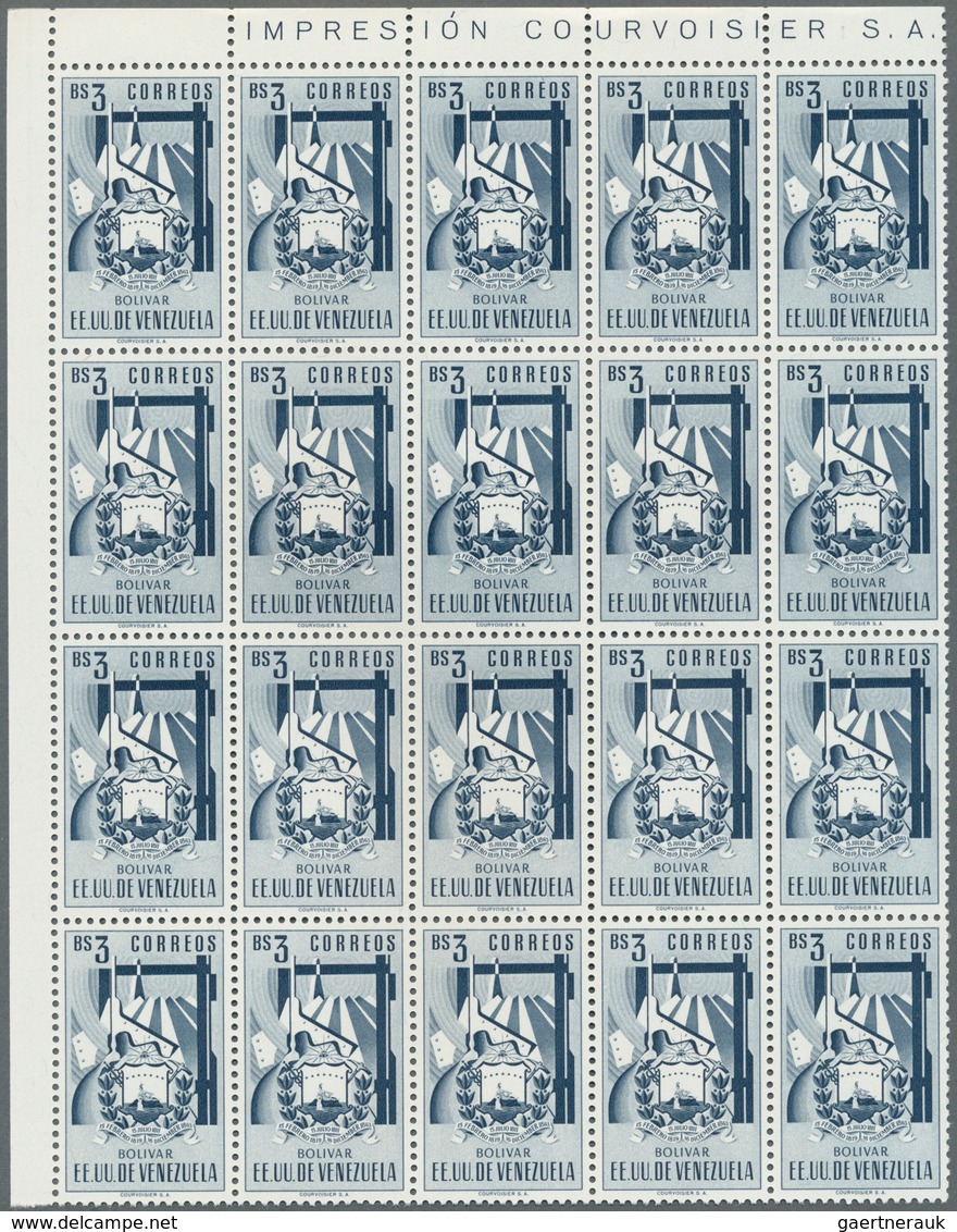 Venezuela: 1952, Coat of Arms 'BOLIVAR‘ normal stamps complete set of seven in blocks of 20, mint ne