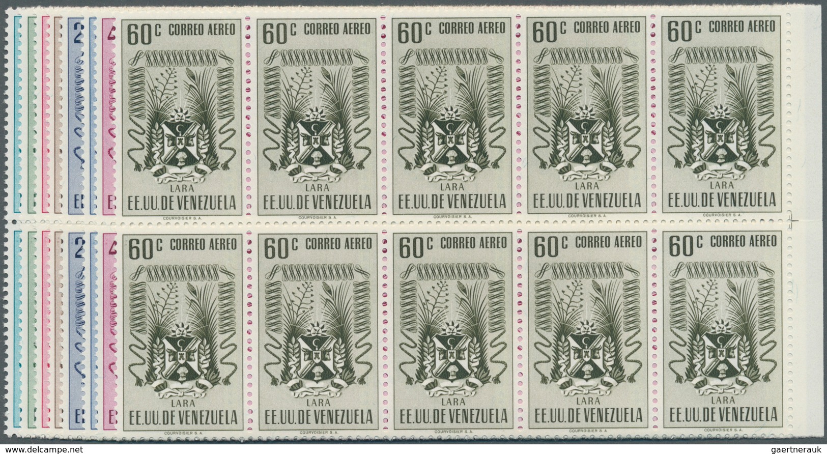 Venezuela: 1952, Coat Of Arms 'LARA‘ Airmail Stamps Complete Set Of Nine In Blocks Of Ten, Mint Neve - Venezuela