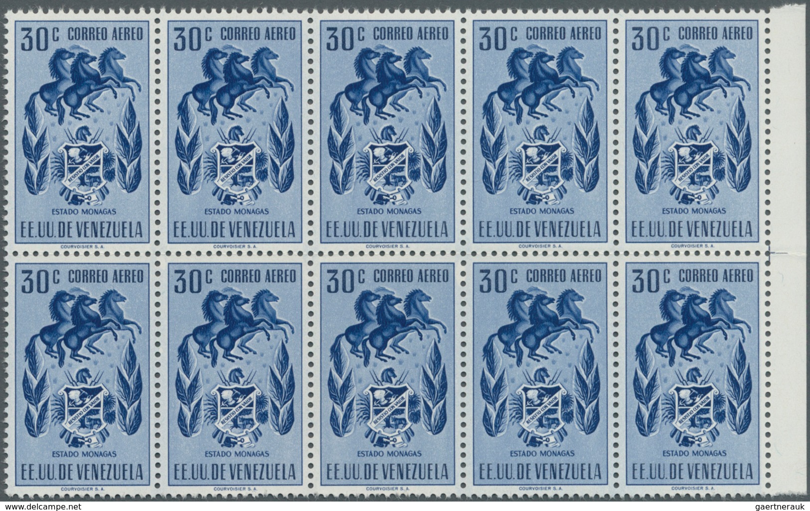 Venezuela: 1953, Coat Of Arms 'MONAGAS‘ Airmail Stamps Complete Set Of Nine In Blocks Of Ten, Mint N - Venezuela