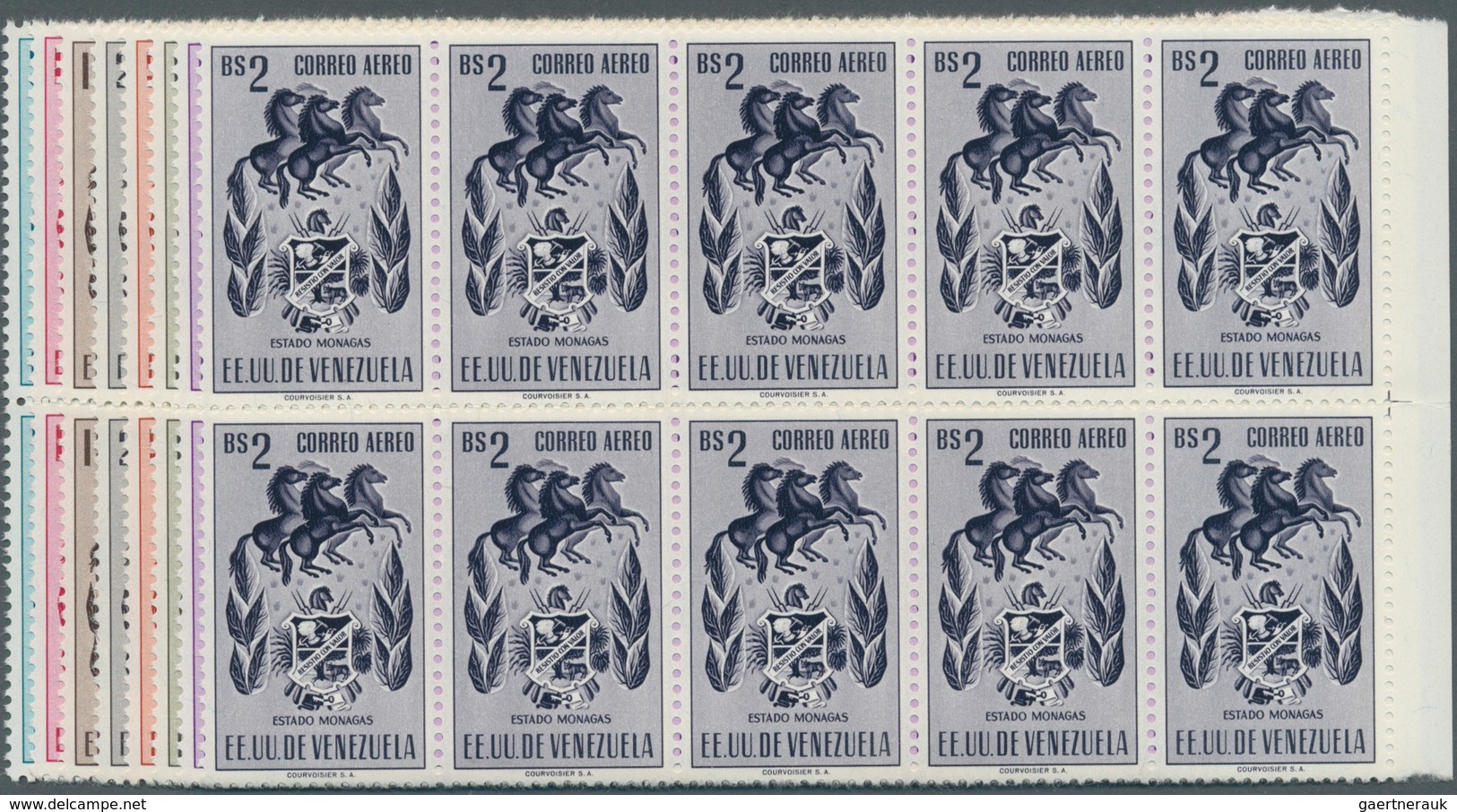 Venezuela: 1953, Coat Of Arms 'MONAGAS‘ Airmail Stamps Complete Set Of Nine In Blocks Of Ten, Mint N - Venezuela