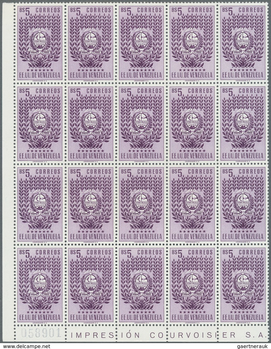 Venezuela: 1953, Coat Of Arms 'TRUJILLO‘ Normal Stamps Complete Set Of Seven In Blocks Of 20, Mint N - Venezuela