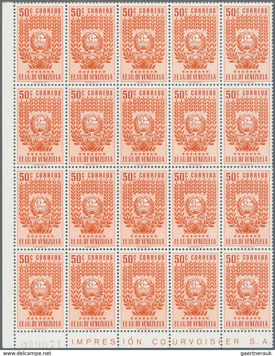 Venezuela: 1953, Coat Of Arms 'TRUJILLO‘ Normal Stamps Complete Set Of Seven In Blocks Of 20, Mint N - Venezuela