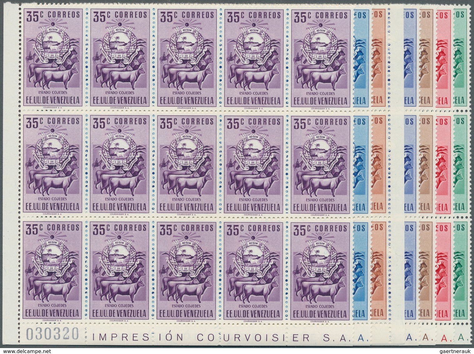 Venezuela: 1953, Coat Of Arms 'COJEDES‘ Normal Stamps Complete Set Of Seven In Blocks Of 15, Mint Ne - Venezuela