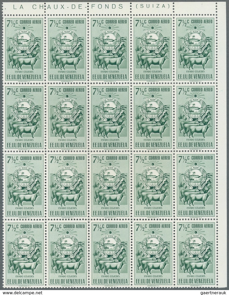 Venezuela: 1953, Coat of Arms 'COJEDES‘ airmail stamps complete set of nine in blocks of 20, mint ne
