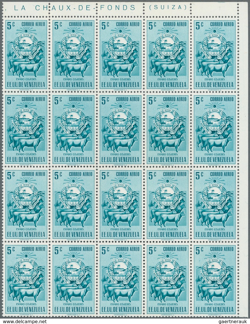 Venezuela: 1953, Coat of Arms 'COJEDES‘ airmail stamps complete set of nine in blocks of 20, mint ne