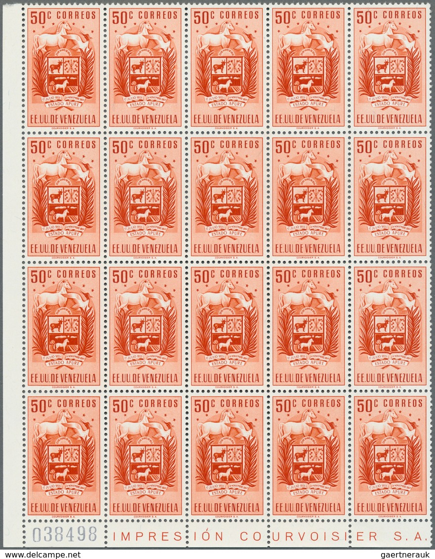 Venezuela: 1953, Coat Of Arms 'APURE‘ Normal Stamps Complete Set Of Seven In Blocks Of 20, Mint Neve - Venezuela