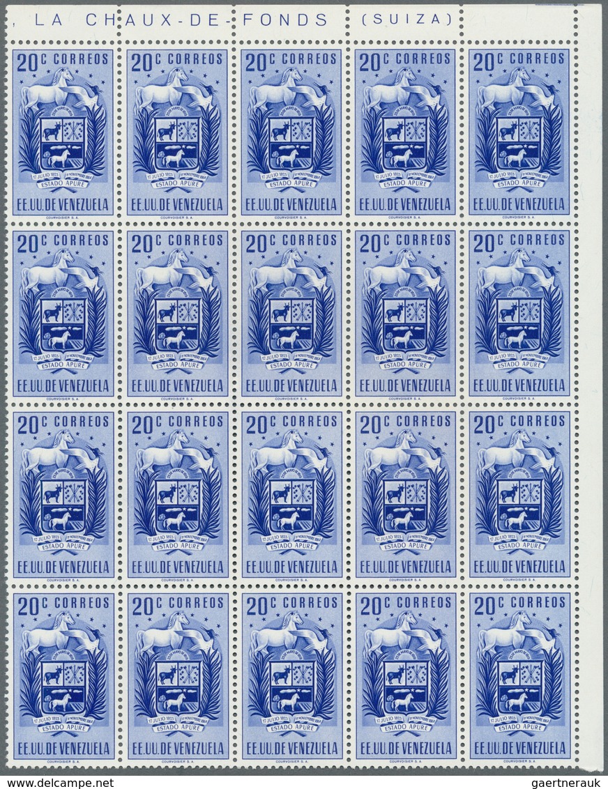 Venezuela: 1953, Coat Of Arms 'APURE‘ Normal Stamps Complete Set Of Seven In Blocks Of 20, Mint Neve - Venezuela