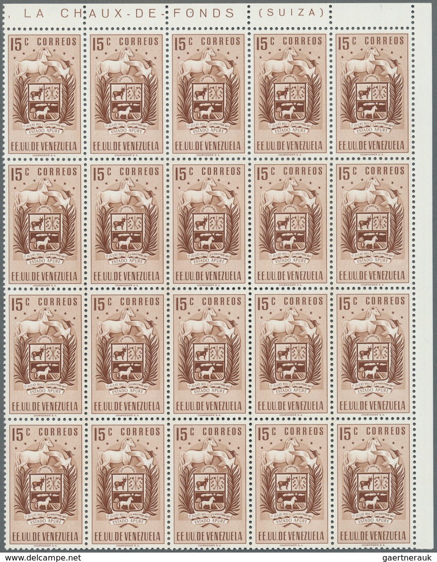 Venezuela: 1953, Coat Of Arms 'APURE‘ Normal Stamps Complete Set Of Seven In Blocks Of 20, Mint Neve - Venezuela