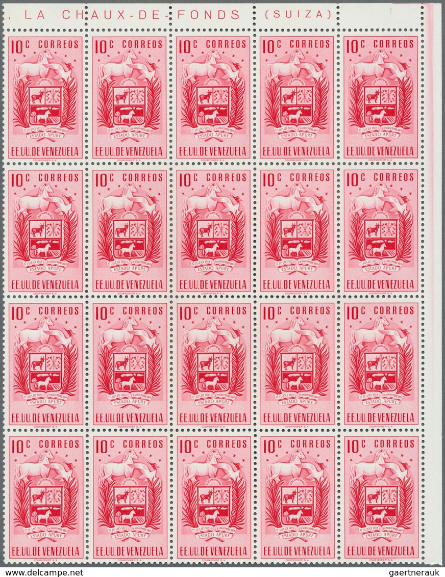 Venezuela: 1953, Coat of Arms 'APURE‘ normal stamps complete set of seven in blocks of 20, mint neve