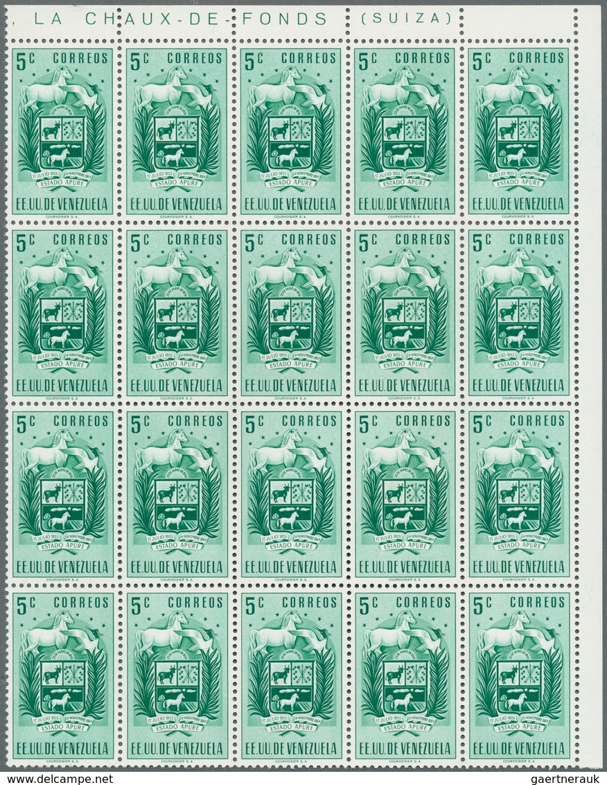 Venezuela: 1953, Coat of Arms 'APURE‘ normal stamps complete set of seven in blocks of 20, mint neve