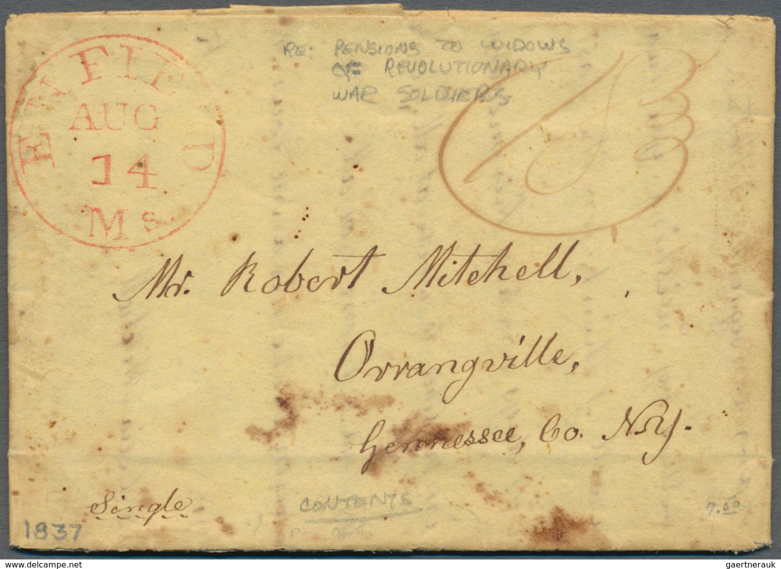 Vereinigte Staaten Von Amerika - Stampless Covers: 1837, Letter (pensions To Widows Of Revolutionary - …-1845 Préphilatélie