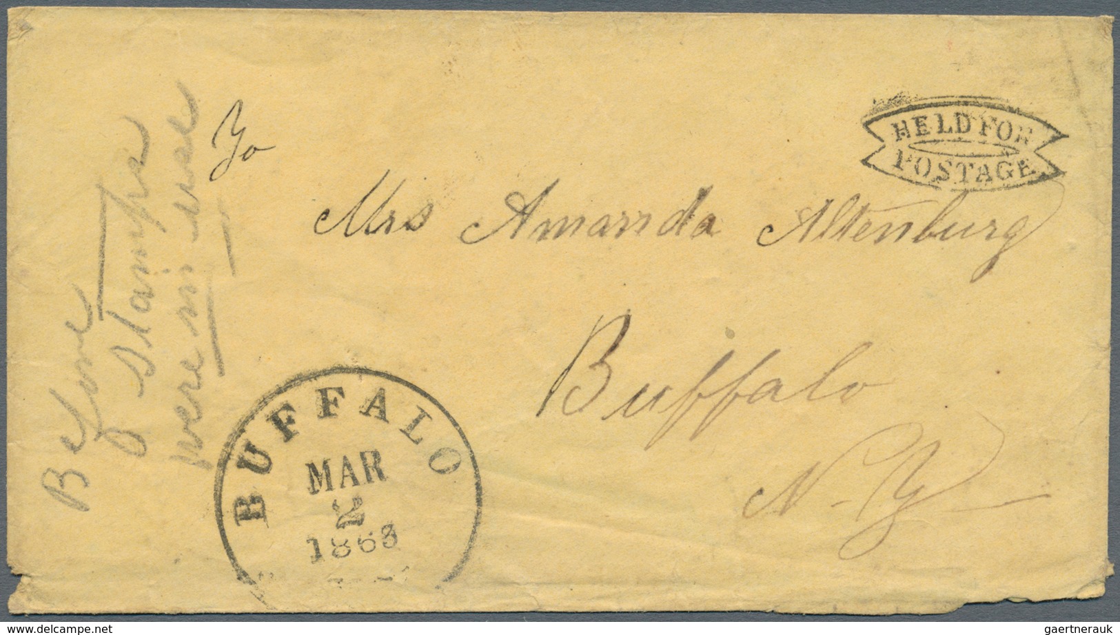 Vereinigte Staaten Von Amerika - Stampless Covers: 1863, Cover With Postmark "HELD FOR POSTAGE" And - …-1845 Préphilatélie