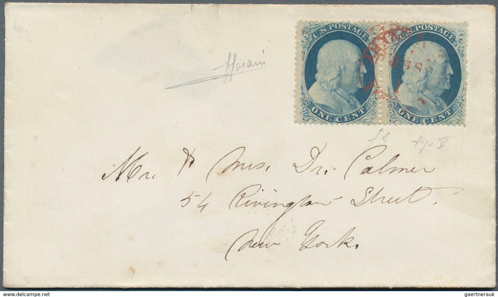 Vereinigte Staaten Von Amerika: 1861, 1 Cent Franklin, Horizontal Pair Wwith Red Cds On Small Envelo - Lettres & Documents