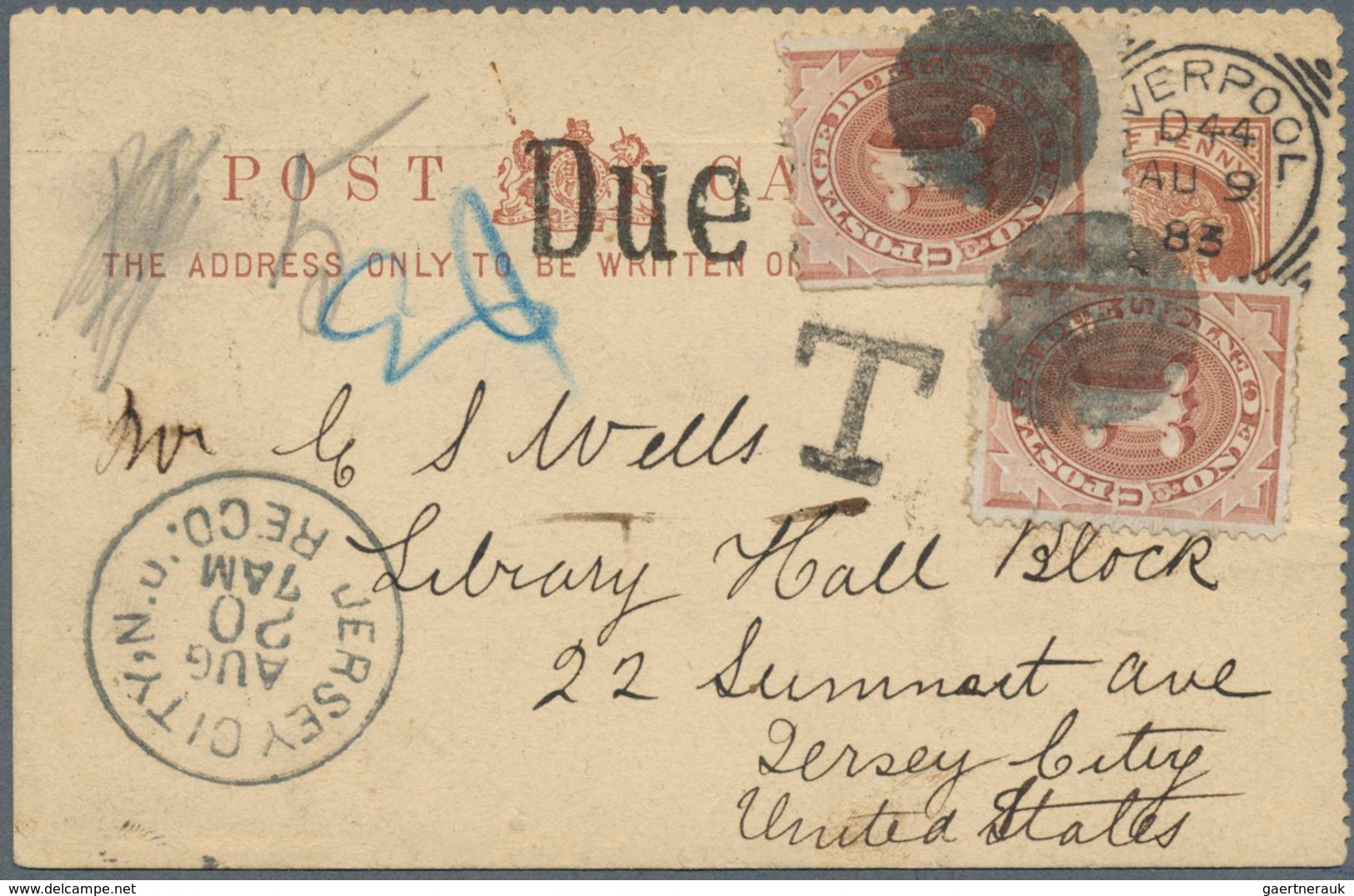 Vereinigte Staaten Von Amerika - Portomarken: 1879, Great Britain 1/2 D Rose QV Private Psc Sent Und - Taxe Sur Le Port