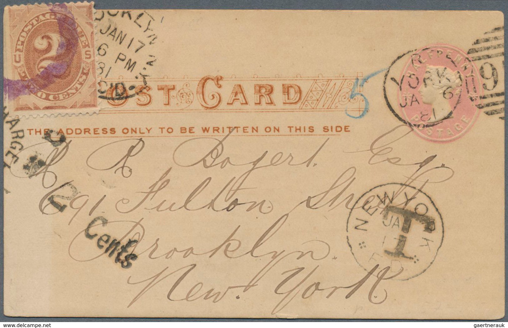 Vereinigte Staaten Von Amerika - Portomarken: 1879, Great Britain 1/2 D Rose QV Private Psc Sent Und - Portomarken