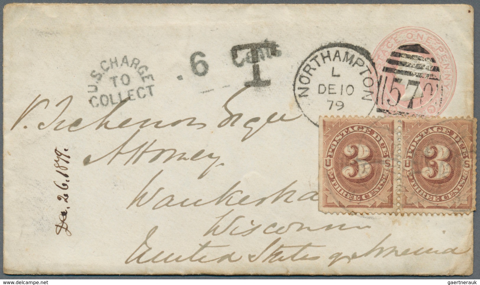 Vereinigte Staaten Von Amerika - Portomarken: 1879 (10.12.), Stat. Envelope QV 1d. Rose Used From No - Taxe Sur Le Port