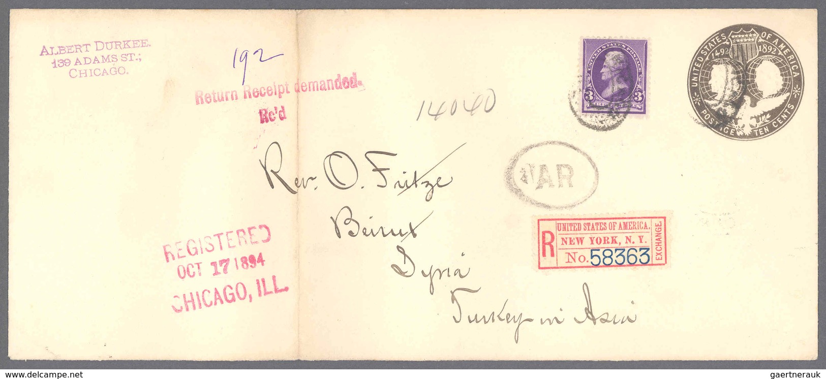 Vereinigte Staaten Von Amerika - Ganzsachen: 1894, 10 C. Postal Stationery Envelope Uprated With 3 C - Sonstige & Ohne Zuordnung