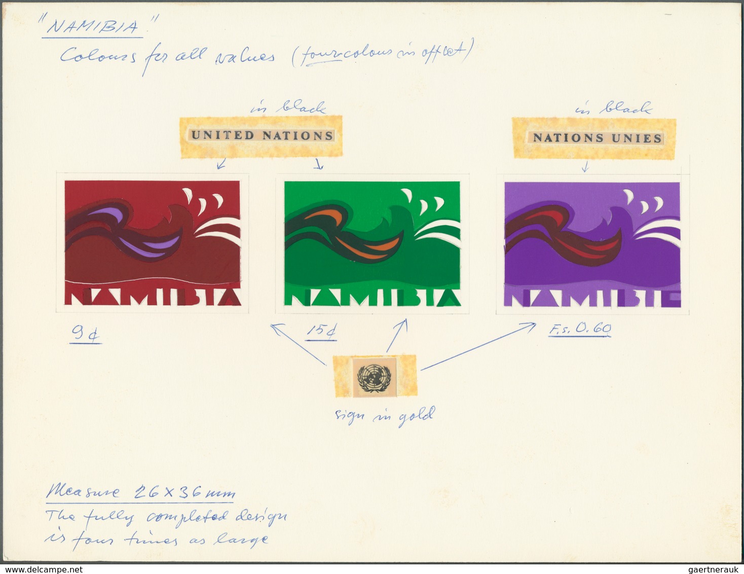 Vereinte Nationen - New York: 1973, Artist's Drawing For Proposed 9c. 'NAMIBIA' Design In Three Diff - Autres & Non Classés