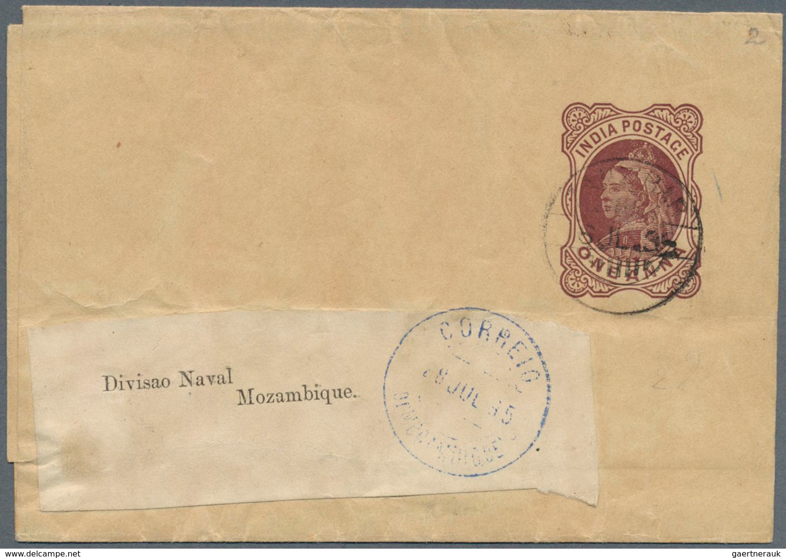 Zanzibar: 1895 Indian Postal Stationery Wrapper 1a. Used From ZANZIBAR To The "Divisao Naval, Mozamb - Zanzibar (...-1963)