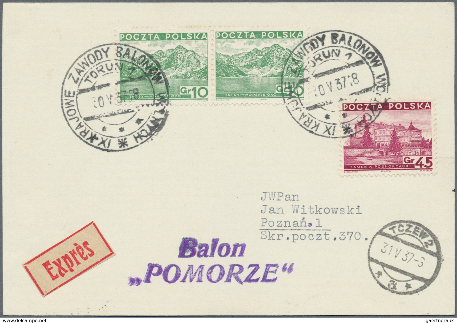 Ballonpost: 1937, 30.V., Poland, Balloon "Pomorze", Card With Black Postmark And Arrival Mark, Only - Montgolfières