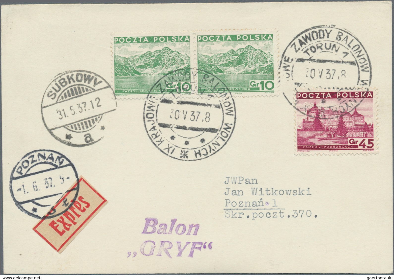 Ballonpost: 1937, 30.V., Poland, Balloon "Gryf", Card With Black Postmark And Arrival Mark, Only 72 - Fesselballons