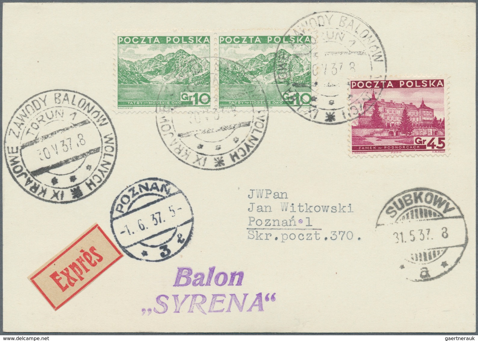Ballonpost: 1937, 30.V., Poland, Balloon "Syrena", Card With Black Postmark And Arrival Mark, Only 7 - Montgolfières